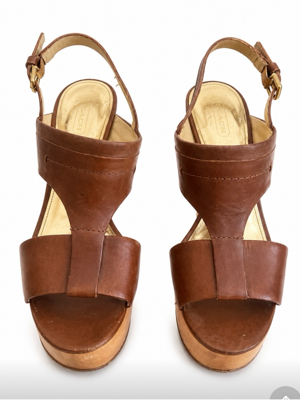 Coach Brown Leather Platform Sandals - Gold Insole